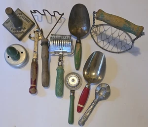 Lot of 10 Antique Vtg Kitchen Utensils Pasta Cutter Scoops Wooden Handles Nice! - Picture 1 of 8