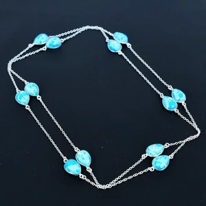 Blue Larimar Gemstone Handmade 925 Sterling Silver Jewelry Necklace Size-36" - Picture 1 of 7