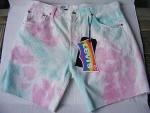 Levis 501 Jean Shorts 32 Tie-Dye White Denim Rainbow Logo Summer Pink Mint Green - Picture 1 of 7