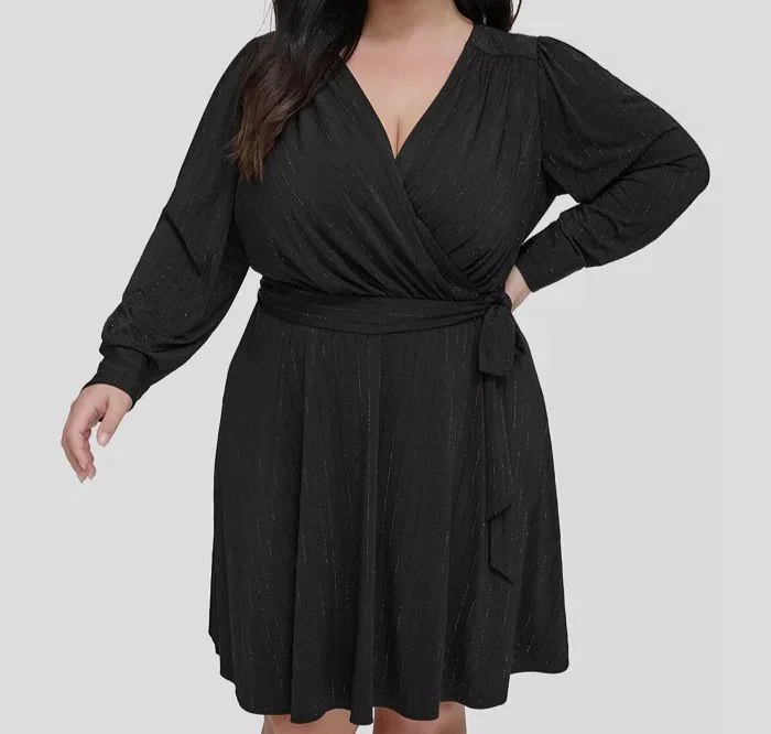 DKNY Women's Black Embellished Faux-Wrap Dress Plus Size 20W
