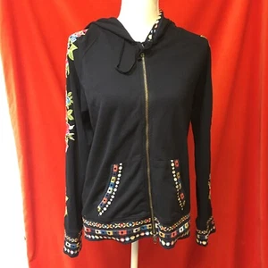 Johnny Was JWLA embroidered hooded sweatshirt zip up black size m - Picture 1 of 8