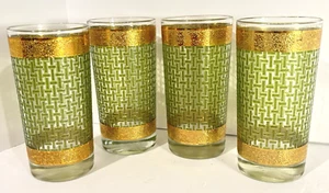 Vintage 1960 Green & Gold Basket Weave 22K Gold Trim Highball Glasses MCM - Picture 1 of 10