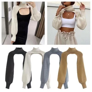 Women's Puff Sleeve Knit Crop Top, Turtleneck, Pullover, Arm Warmer - Picture 1 of 4