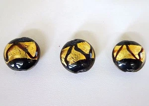 Puffed Murano Lampwork Round Black Gold and Brown Glass Beads Design Quantity 3 - Picture 1 of 2