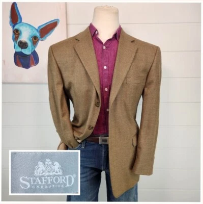 Blazer Stafford Para Hombres Tres Botones Tostado Espiga Lana de Cordero Cachemira Talla 44R Foto 1 de 4