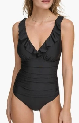 DKNY Ruffle Plunge Underwire Tummy Control One-Piece Swimsuit MSRP $98 - Image 1 of 3
