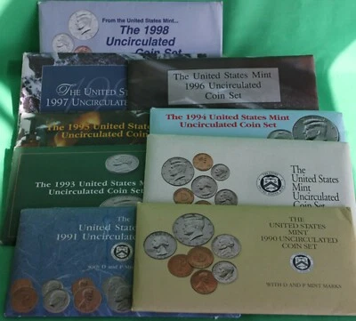 1990 thru 1998 Annual US Mint Uncirculated P and D Lot of 9 Sets with 91 Coins - Image 1 of 4