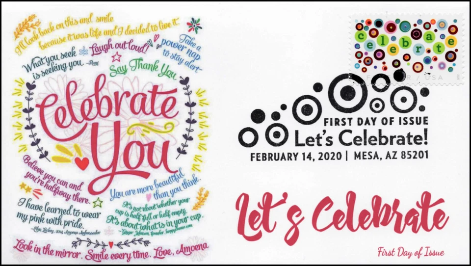 20-024, 2020, Let’s Celebrate, Pictorial Postmark, First Day Cover - Image 1 of 1