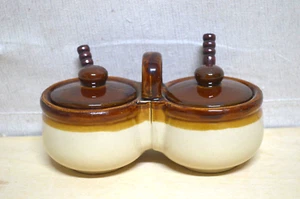 Vintage Cream And Brown Ceramic Double Jar Crock Pot Condiment W/ 2 Spoons - Picture 1 of 6