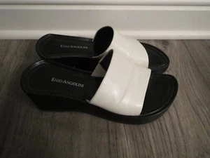 womens Enzo Angiolini White with Black Wedge Heal sandal shoes, sz 7.5 M - Picture 1 of 4