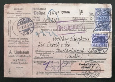 ALEMANIA Turquía franqueo mixto en tarjeta de paquete registrada 1916 Primera Guerra Mundial Lychen - Gálata Foto 1 de 2