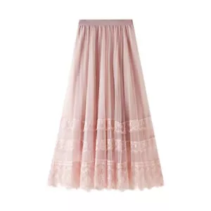 Women's Midi Skirt Elastic High Waist Lace Tulle Skirt Pleated Skirt Pink One... - Picture 1 of 5