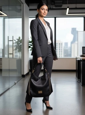 Bebe Collette Triple Entry Black Hobo Handbag Bag Purse w/Gold Chain Details - Image 1 of 4