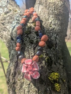 Clay & Gemstone Necklace: Crysocolla & Lapis Lazuli with Cherry Blossom Pendant - Picture 1 of 7