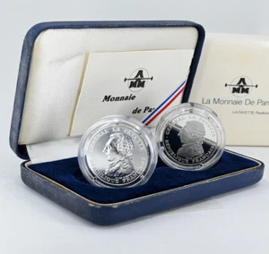 FRANCE 1987 100 Francs LaFayette Silver BU & Proof PIEDFORT 2-Coin set - Picture 1 of 3