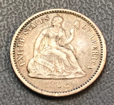 1868 seated Liberty half Dime, XF Cover