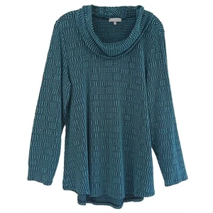 Habitat Size L Teal Black Cowl Neck Comfy Art Boho Pucker Texture Blouse Top - Picture 1 of 5
