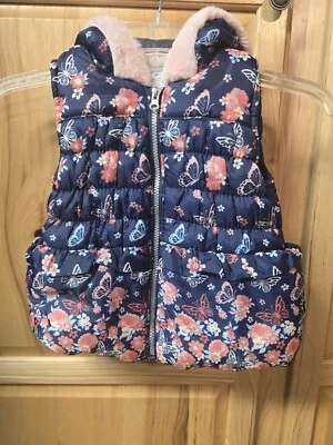 Little Lass Puffer Vest Hooded Toddler Girls Sz 4T Navy Pink Floral Butterflies - Image 1 of 4