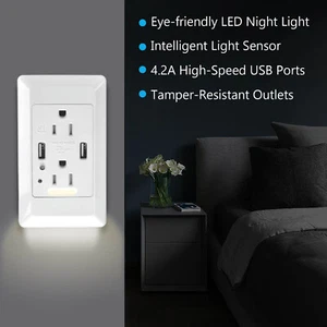 Cargador de pared de alta velocidad 4,2 A enchufe de toma USB doble con luz nocturna automática inteligente - Imagen 1 de 10