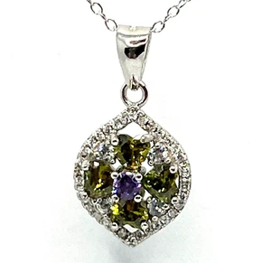 925 Sterling Silver Peridot, Amethyst & White Cubic Zirconia Necklace - Picture 1 of 3