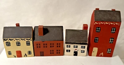 Wooden Colonial block houses handmade set 4 Primitive Folk Art Signed D. Hatch - Image 1 of 4