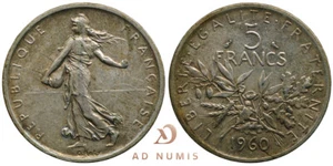 France 5 francs 1960 Semeuse Argent monnaie fautée (débris interposé) - Imagen 1 de 2