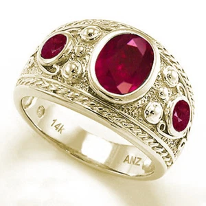 Men's Genuine Ruby Three-Stones Ring 14k Yellow Gold Ring 7 to 14 #R1976 - Picture 1 of 5