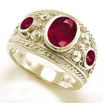 Men's Genuine Ruby Three-Stones Ring 14k Yellow Gold Ring 7 to 14 #R1976 - Image 1 of 4