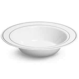 Silver Rimmed White Bowls - 12 ounce - 50 Count - Hard Plastic - Disposable o... - Picture 1 of 6