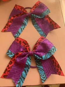 Jojo 7”x5” Purple, Pink, Blue Hair Tie Bows (2) Animal Print With Sequins - Picture 1 of 6