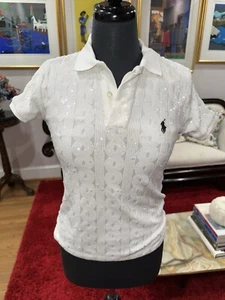 Neu mit Etikett, Ralph Lauren, schneeweiß, Baumwolle, Damen-Poloshirt mit Pailletten Größe: XS - Bild 1 von 9