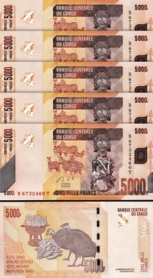 Congo Democratic Rep. 5000 Francs 2013, UNC, 5 Pcs LOT, Consecutive, P-102b - Image 1 of 4