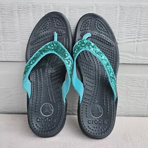 Crocs Capri V Sequin Flip Flop Sandals Women SZ 10 Black Teal Sparkle Slip On - Picture 1 of 11