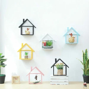 Iron Wooden Wall Shelf House Shape Living Room Bedroom Decorative Creative Retro - Picture 1 of 12