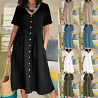Womens Midi Dress V Neck Cotton Linen Ladies Summer Beach Sundress Plus Size