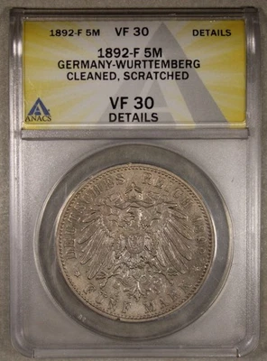 1892 F Wurttemberg German States Silver 5 Mark ANACS VF Cleaned / Scratched - Image 1 of 4
