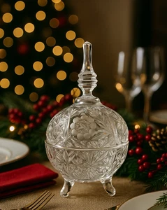 Vintage VIKSA Süßigkeitenschale Schüssel mit Deckel 24 % Bleikristall 4 Fuß 9" x 5" - Bild 1 von 5