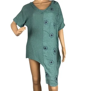 Túnica italiana con dobladillo asimétrico de lino y algodón bordada flores L/XL NUEVA CON ETIQUETAS - Imagen 1 de 10