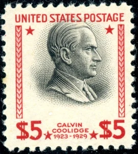 EFO 834 $5 COOLIDGE WITH CALVIN'S HEAD SMASHING INTO TOP RED BORDER! EXCEPTIONAL - Picture 1 of 1