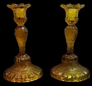 Vtg Candle Holder Pair Portieux Vallerystahl France Amber Glass Candlesticks MCM - Picture 1 of 3
