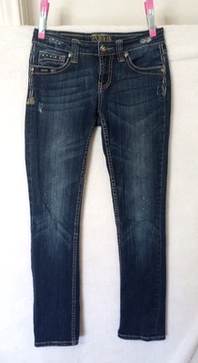 Pantalones de mezclilla para mujer Adiktd talla 2 bordados pierna recta ligeramente desgastados tiro bajo Foto 1 de 4