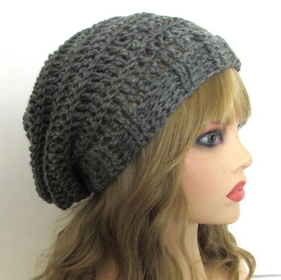 SLOUCHY BEANIE HAT HEATHER GRAY TEXTURED EDGE ACRYLIC HANDMADE CROCHET - Image 1 of 4