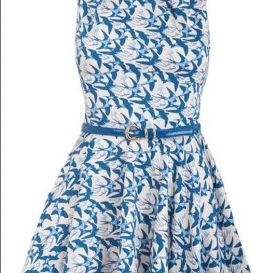 Modcloth Closet London Blue Birds Luck Be A Lady A-Line Belted Dress Sz 12 US - Image 1 of 4