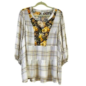 Cato BOHO Peasant Top Tunic Size 22/24W Cream Brown Plaid Yellow Floral Tiered - Picture 1 of 8