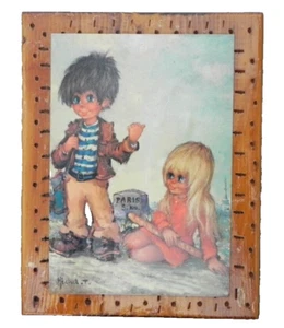 Big Eyes boy and girl hitchhiking to Paris mounted on wood 6 3/4 X 5 1/4 - Picture 1 of 8