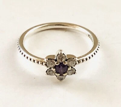 PANDORA Signed P2 S925 ALE 52 CZ Sterling Silver Amethyst Flower Ring Sz 6 - Image 1 of 4