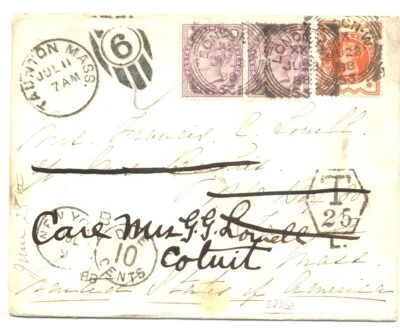 ENGLAND-USA - 2 x PD STAMP 5 Ct. ON COVER FROM ENGLAND --F/VF  - Image 1 of 2