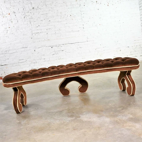 Hollywood Regency Curved Bench Fully Upholstered & Tufted in Cocoa Brown Velvet Cover