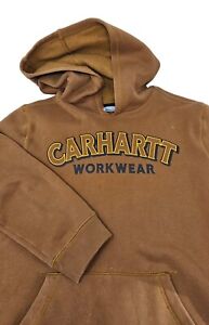 Carhartt Workwear Hoodie Sweatshirt Brown Logo Pullover Youth Size Large 14-16