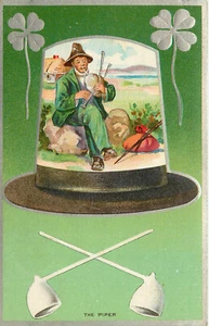 Postal del Día de San Patricio en relieve Meissner & Buch El hombre flautista con gaitas - Imagen 1 de 2